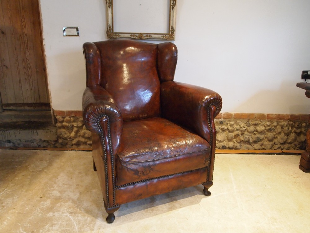 Chair superb Victorian club wing armchair Chestnut leather c1880 View V