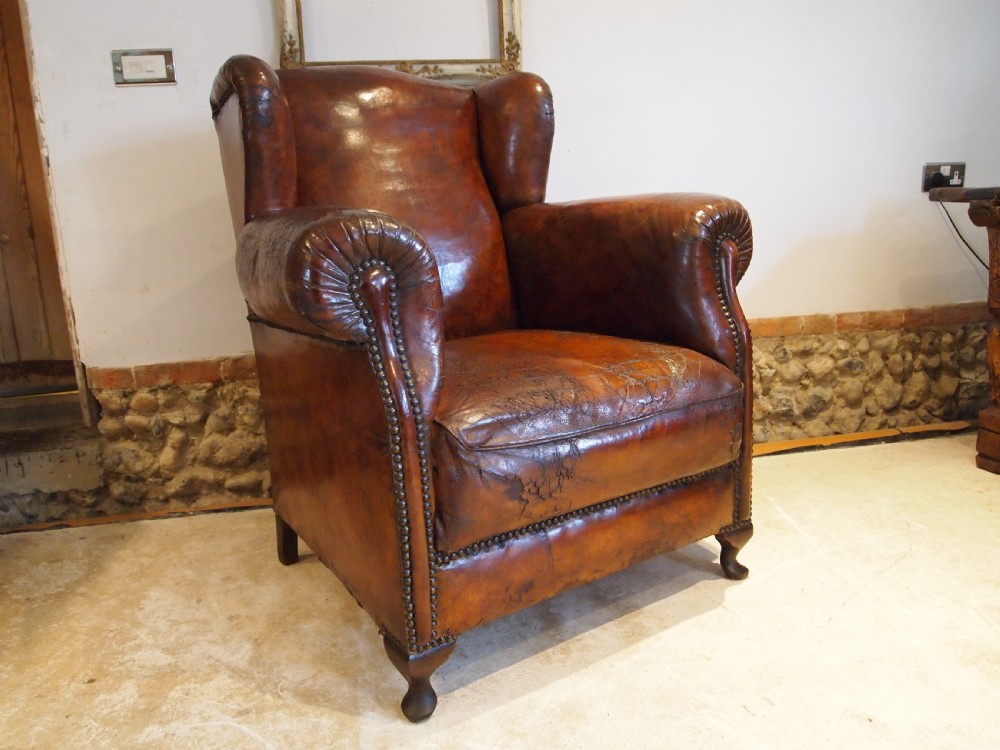 Chair superb Victorian club wing armchair Chestnut leather c1880 View X
