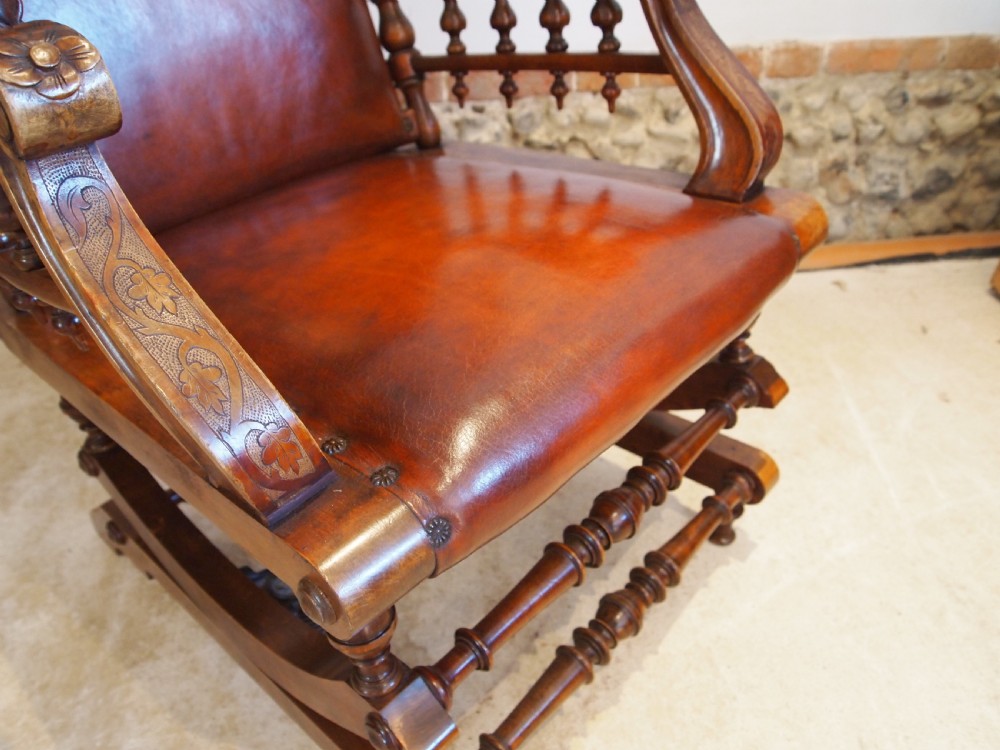 Chair rocking the finest Walnut & leather Victorian rocking chair c1880 View VIII
