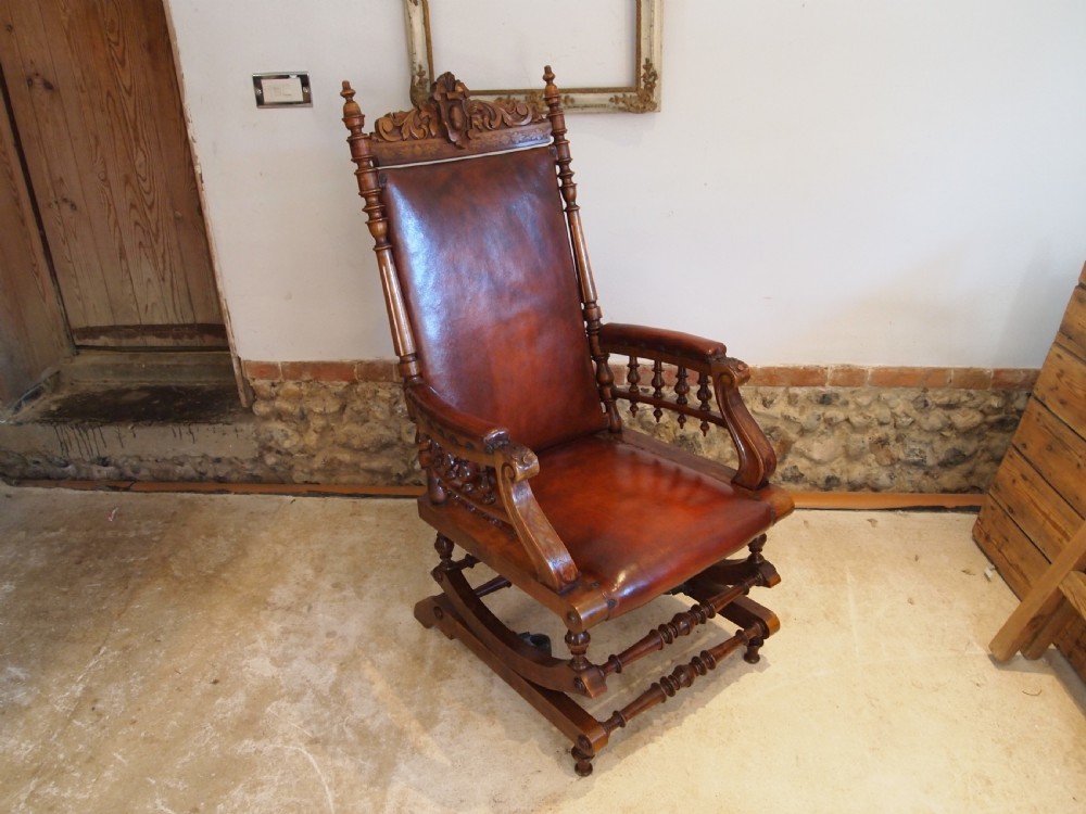 Chair rocking the finest Walnut & leather Victorian rocking chair c1880 View XV