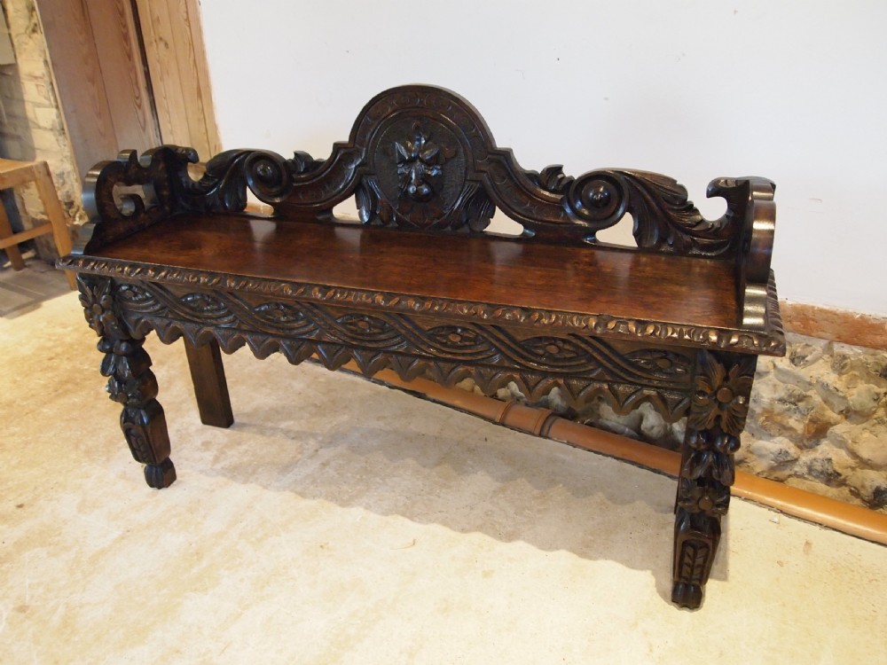 Bench settle window seat pew Victorian Carved Oak Green man c1880