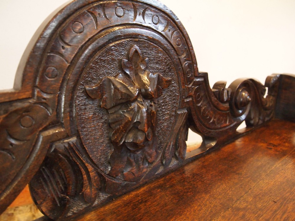 Bench settle window seat pew Victorian Carved Oak Green man c1880 View III