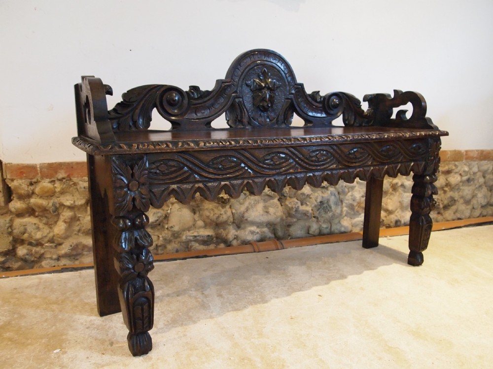 Bench settle window seat pew Victorian Carved Oak Green man c1880 View VI