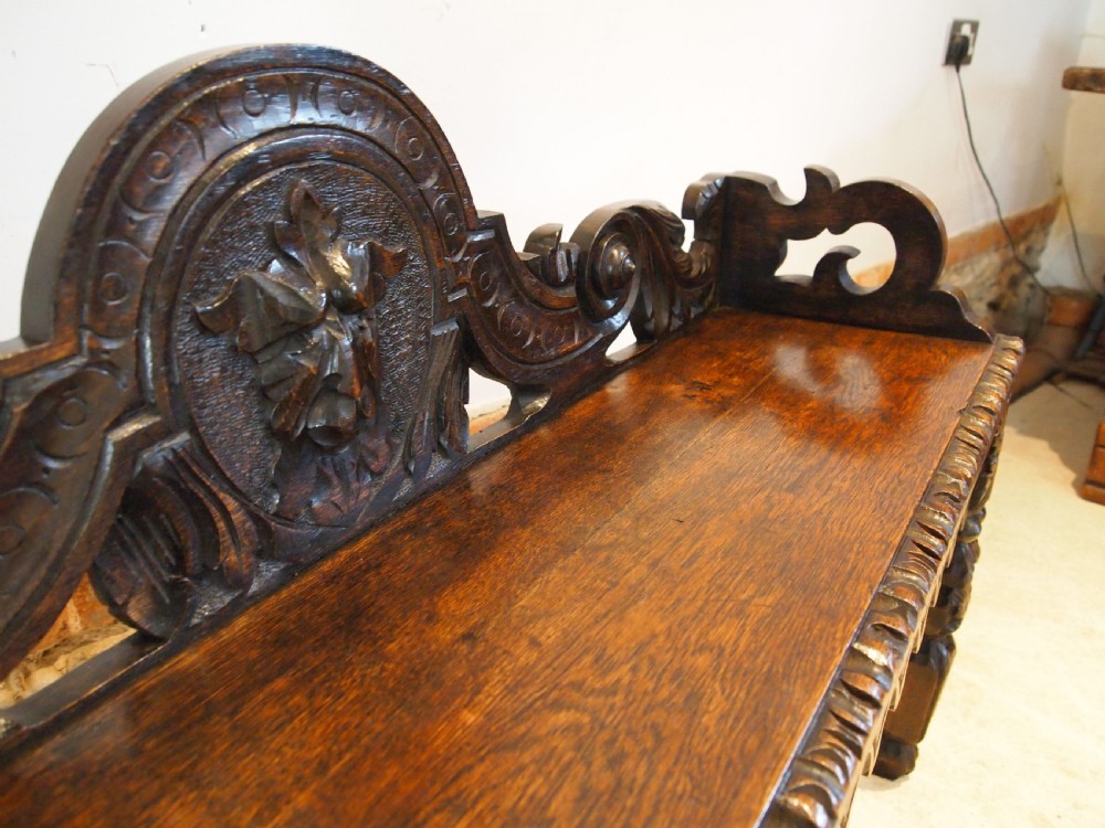 Bench settle window seat pew Victorian Carved Oak Green man c1880 View VII