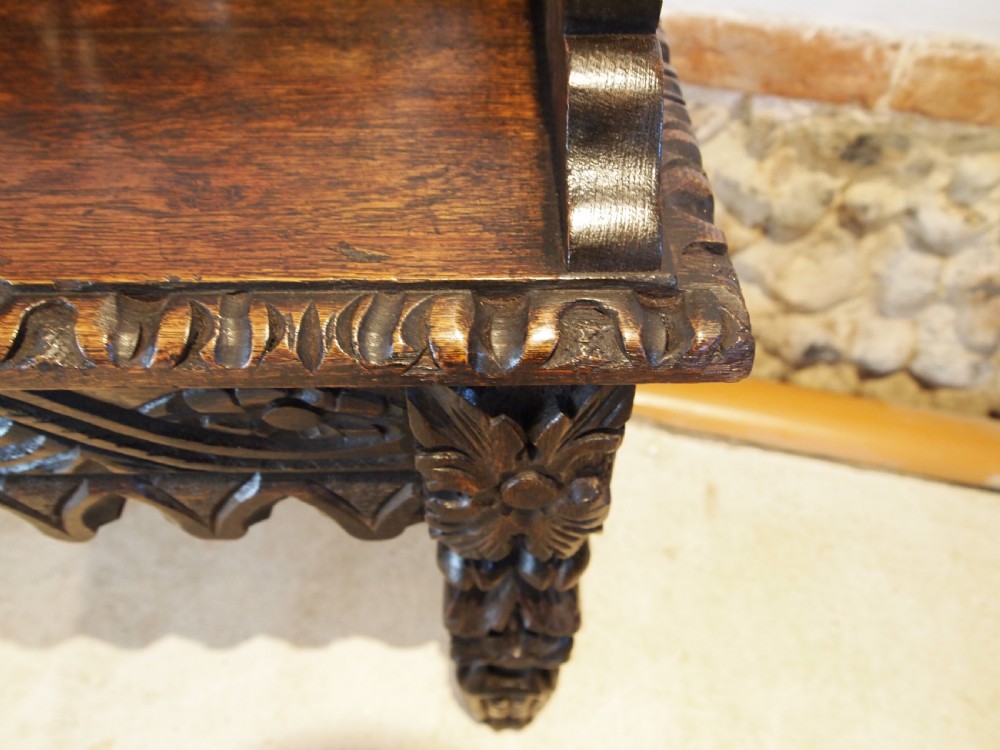 Bench settle window seat pew Victorian Carved Oak Green man c1880 View VIII