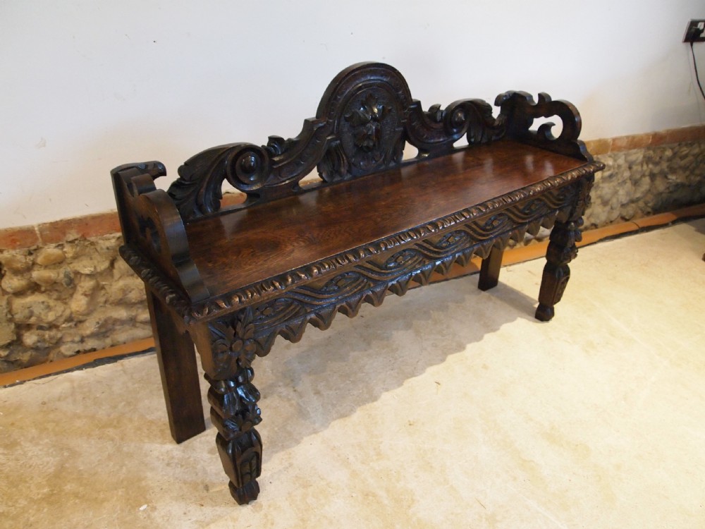 Bench settle window seat pew Victorian Carved Oak Green man c1880 View IX