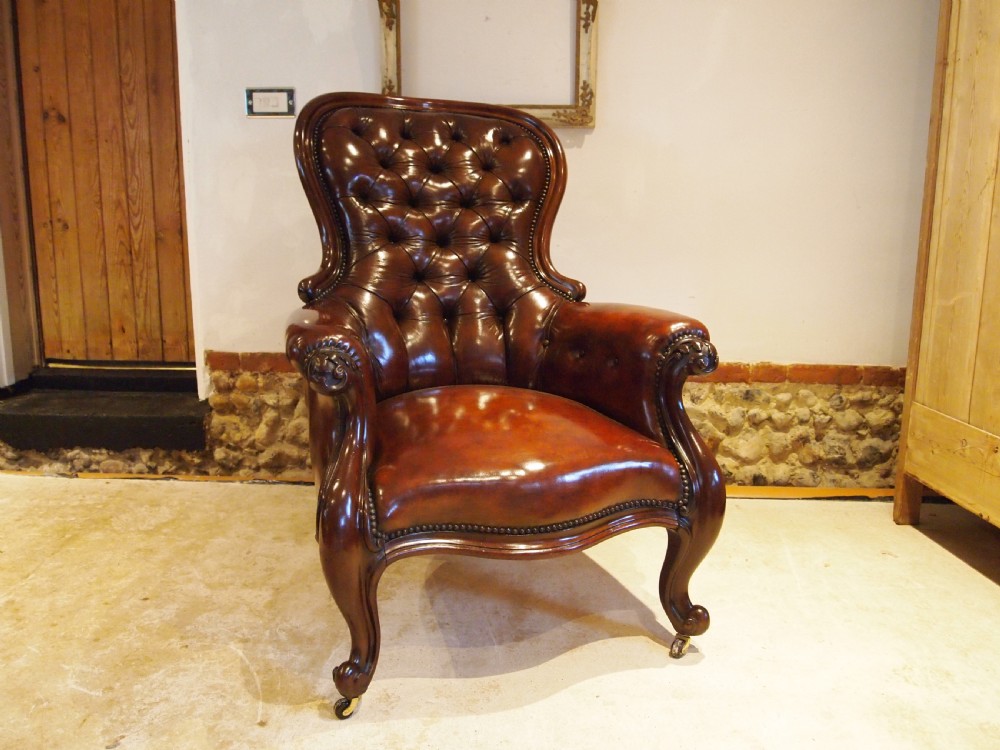 Chair stunning early Victorian Chestnut leather armchair c1840 View IV