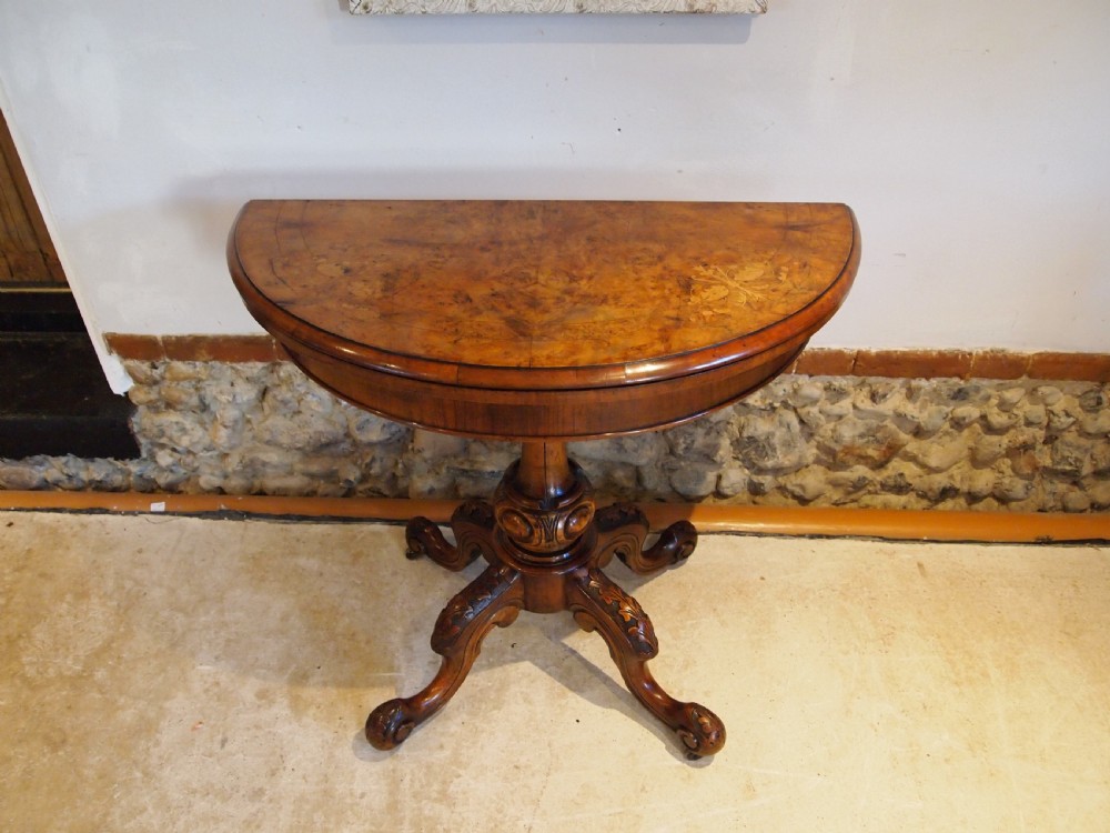 Table Burr Walnut demi-lune hall console lamp games card table c1860