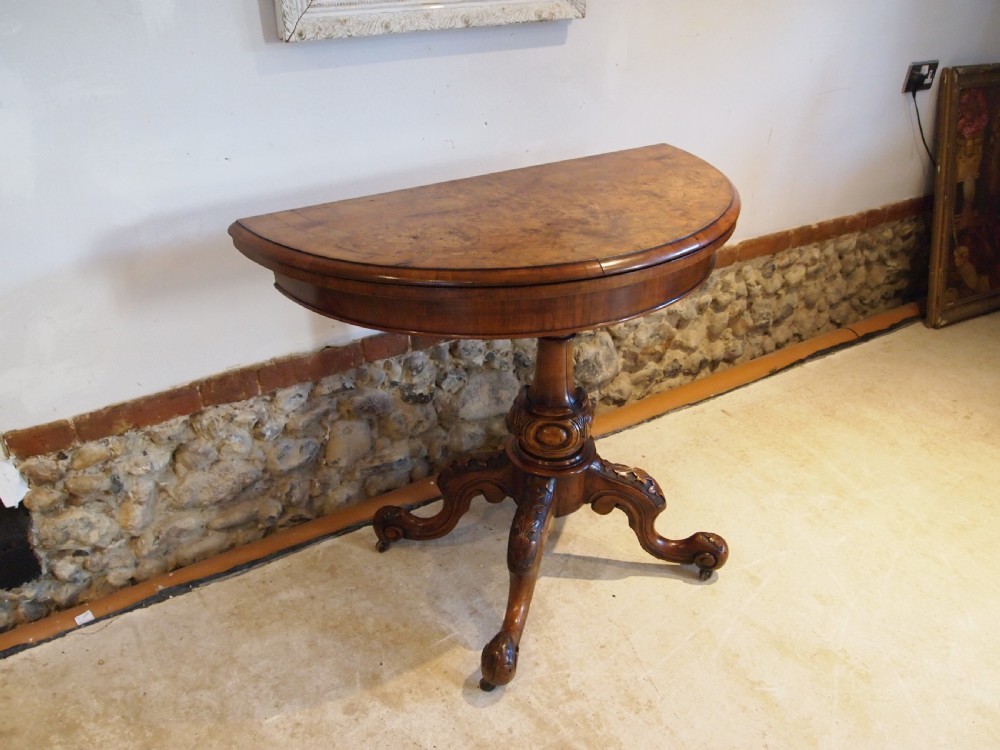 Table Burr Walnut demi-lune hall console lamp games card table c1860 View III