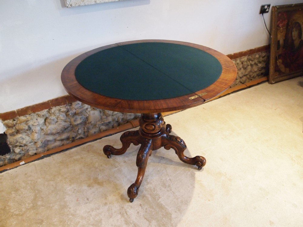 Table Burr Walnut demi-lune hall console lamp games card table c1860 View V