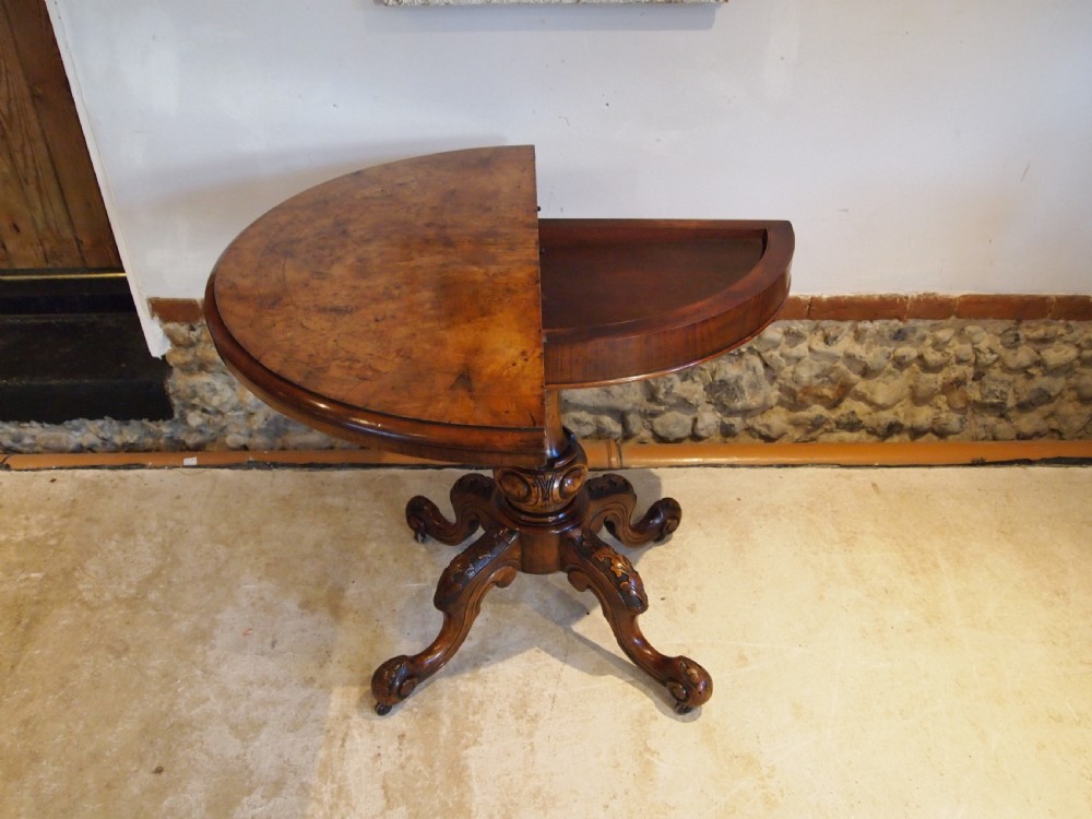 Table Burr Walnut demi-lune hall console lamp games card table c1860 View VI