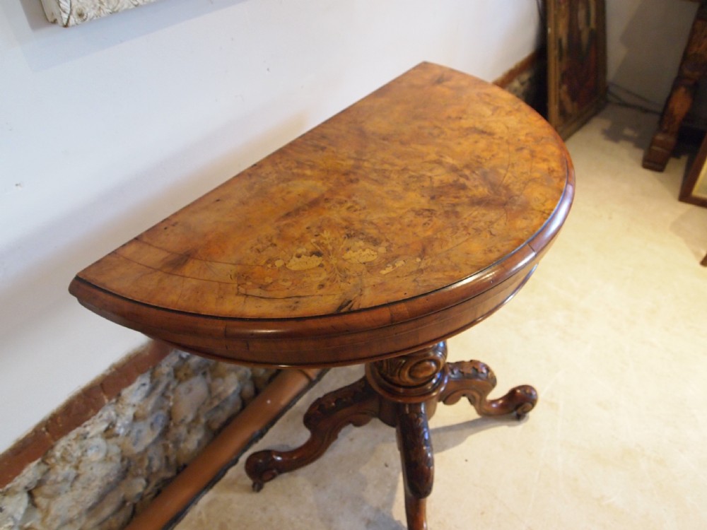 Table Burr Walnut demi-lune hall console lamp games card table c1860 View VIII