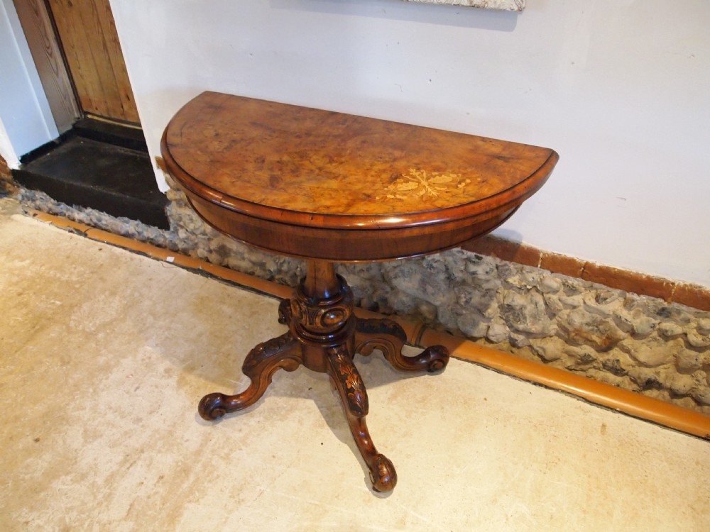 Table Burr Walnut demi-lune hall console lamp games card table c1860 View XII