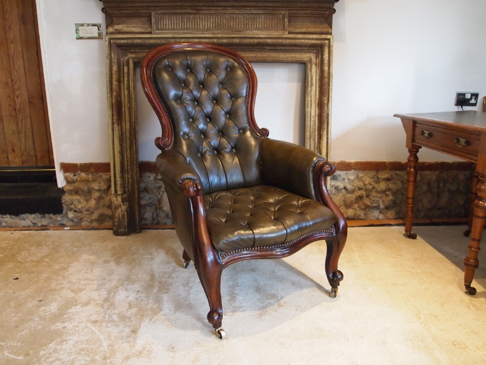 Chair Victorian leather Mahogany buttoned armchair c1870 View VI