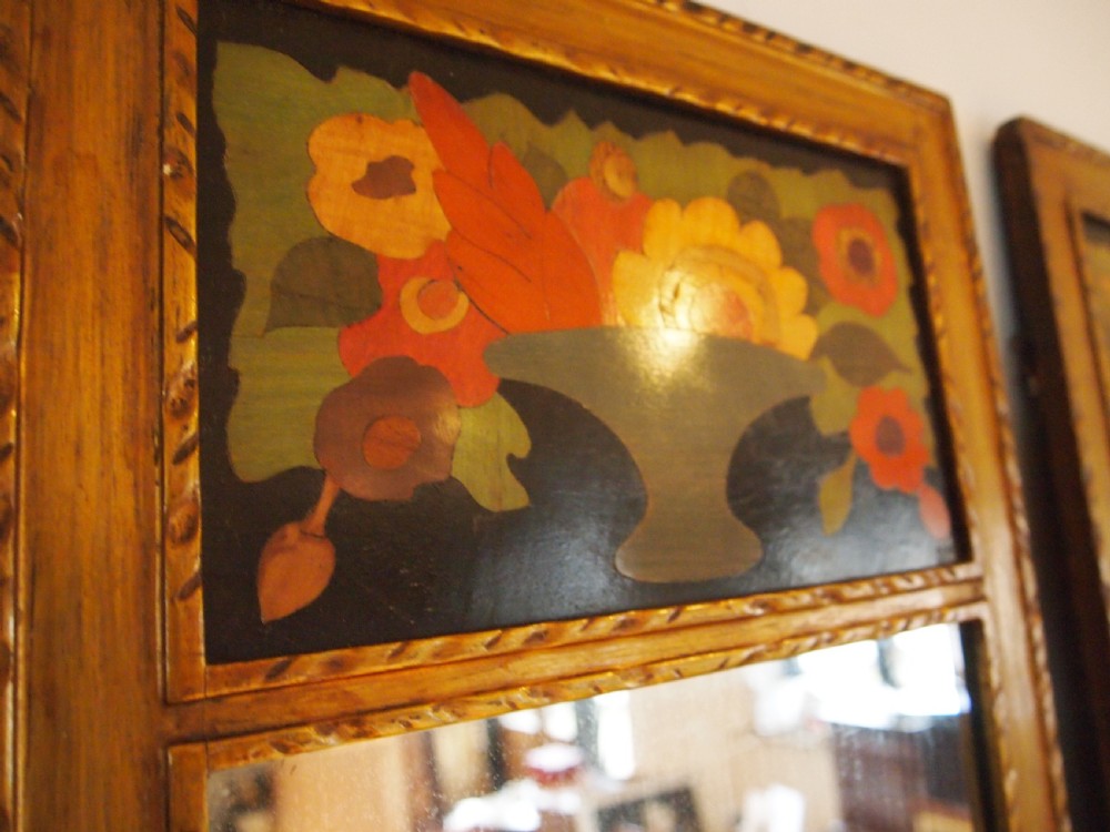 Mirrors Arts and Crafts rare pair of A J Rowley Marquetry flowers c1910 View IV