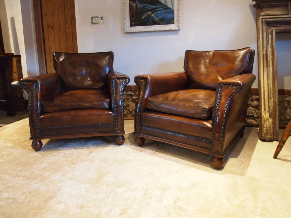 Chairs outstanding pair of Edwardian Chestnut leather club armchairs c1900