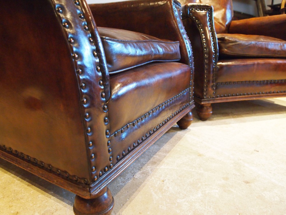Chairs outstanding pair of Edwardian Chestnut leather club armchairs c1900 View III
