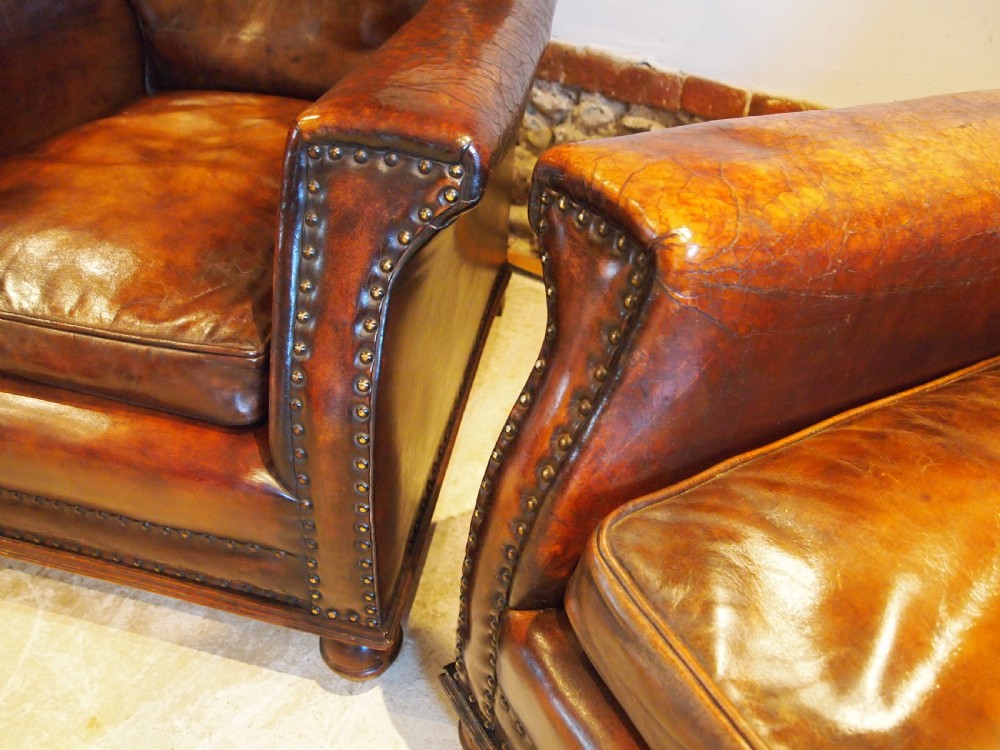 Chairs outstanding pair of Edwardian Chestnut leather club armchairs c1900 View IV