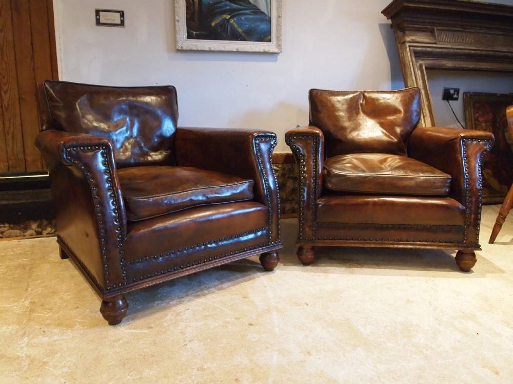 Chairs outstanding pair of Edwardian Chestnut leather club armchairs c1900 View VI
