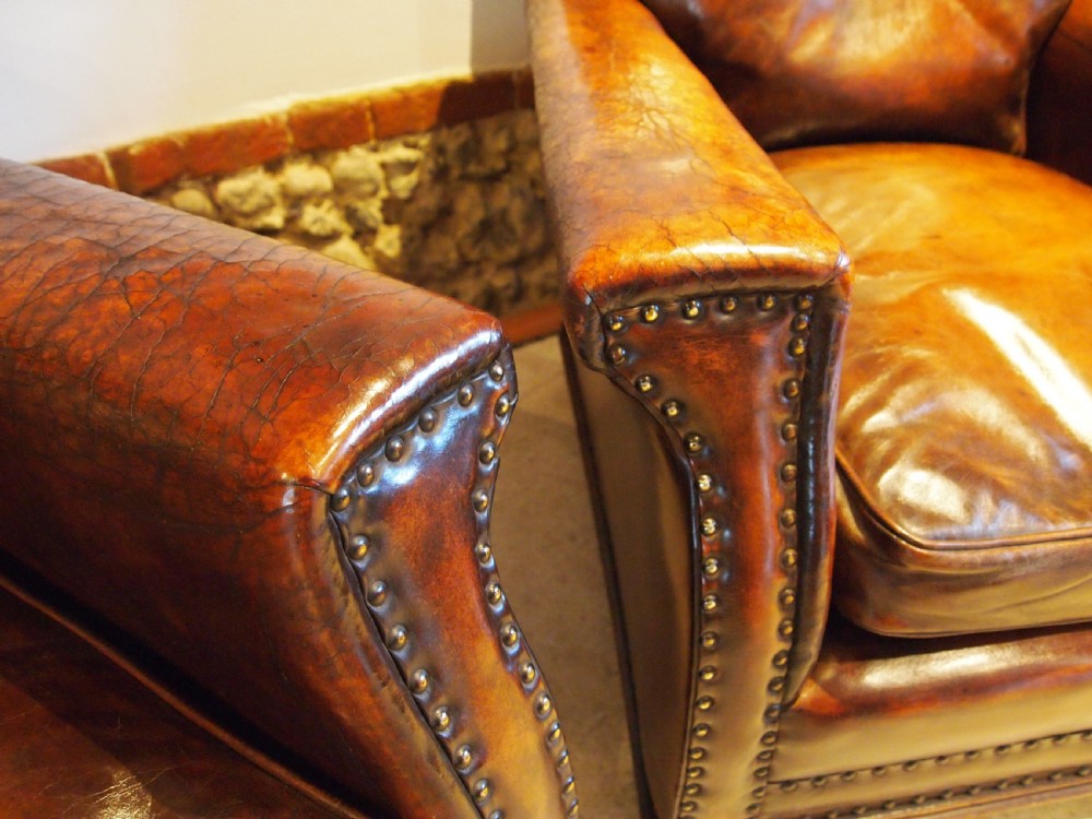 Chairs outstanding pair of Edwardian Chestnut leather club armchairs c1900 View VII