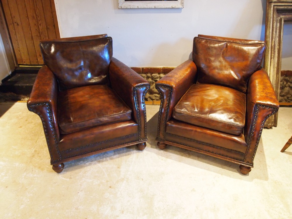Chairs outstanding pair of Edwardian Chestnut leather club armchairs c1900 View VIII