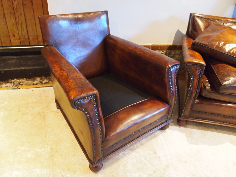 Chairs outstanding pair of Edwardian Chestnut leather club armchairs c1900 View IX