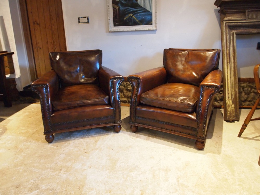 Chairs outstanding pair of Edwardian Chestnut leather club armchairs c1900 View X