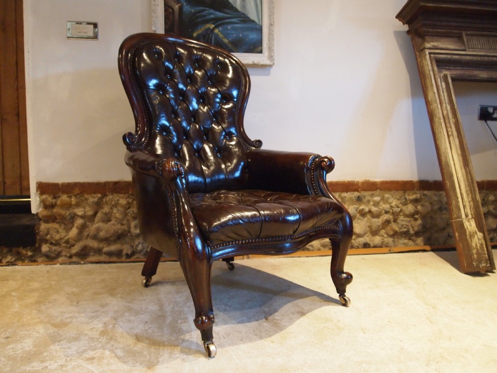 Chair Victorian Chestnut leather Mahogany buttoned armchair c1870