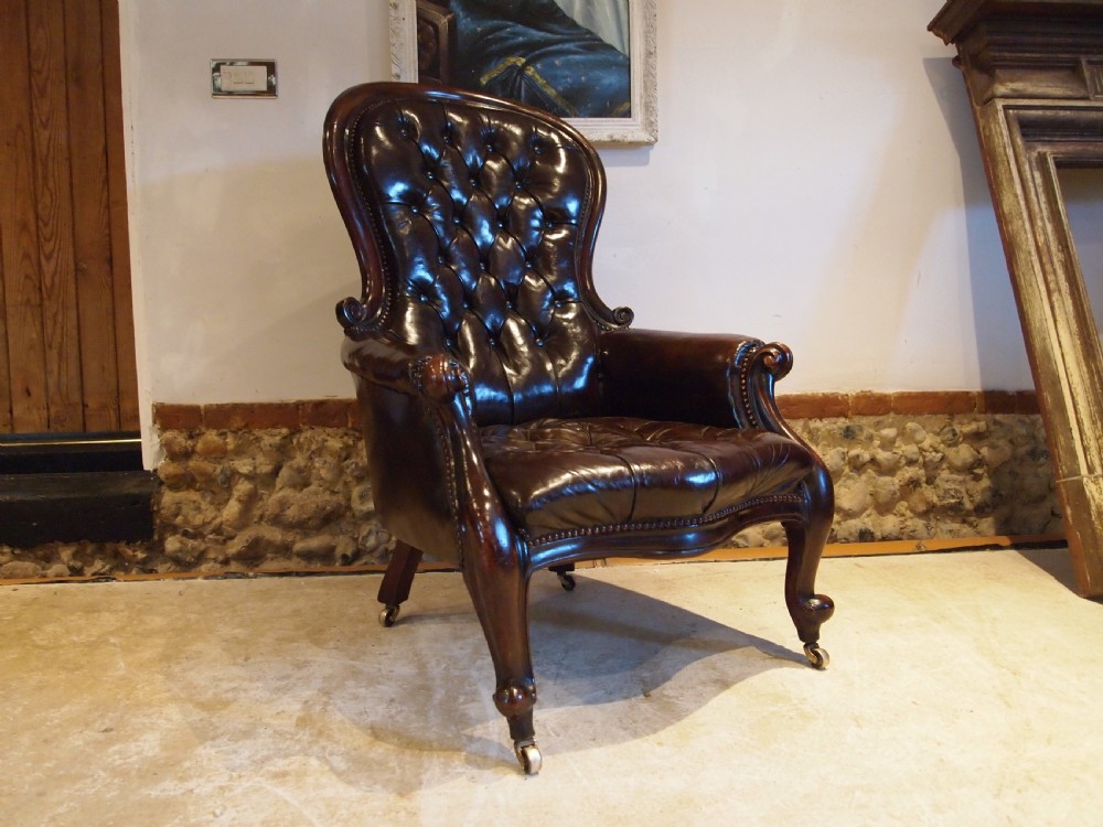 Chair Victorian Chestnut leather Mahogany buttoned armchair c1870 View III