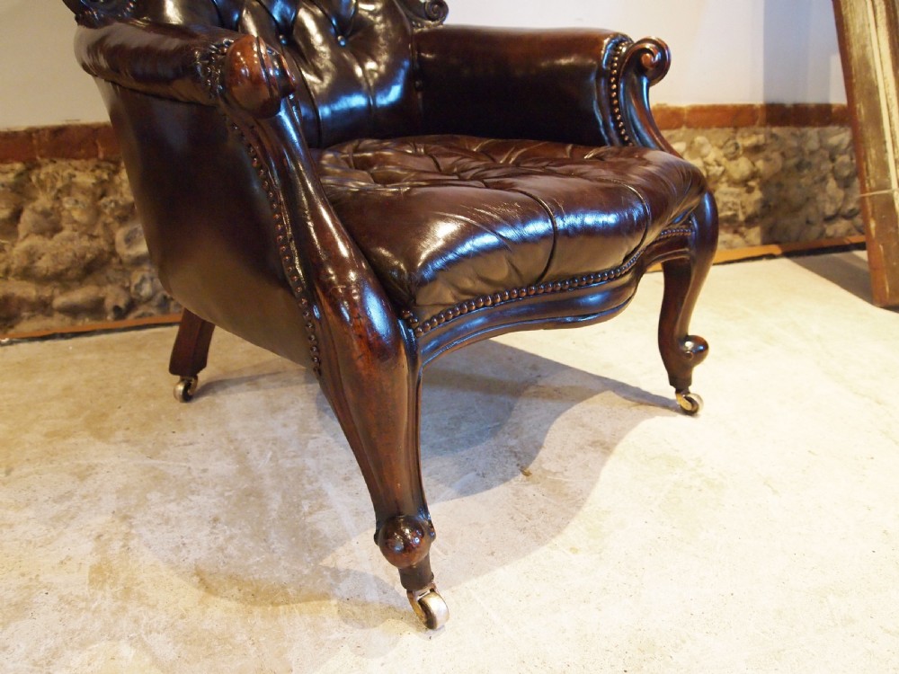 Chair Victorian Chestnut leather Mahogany buttoned armchair c1870 View IV