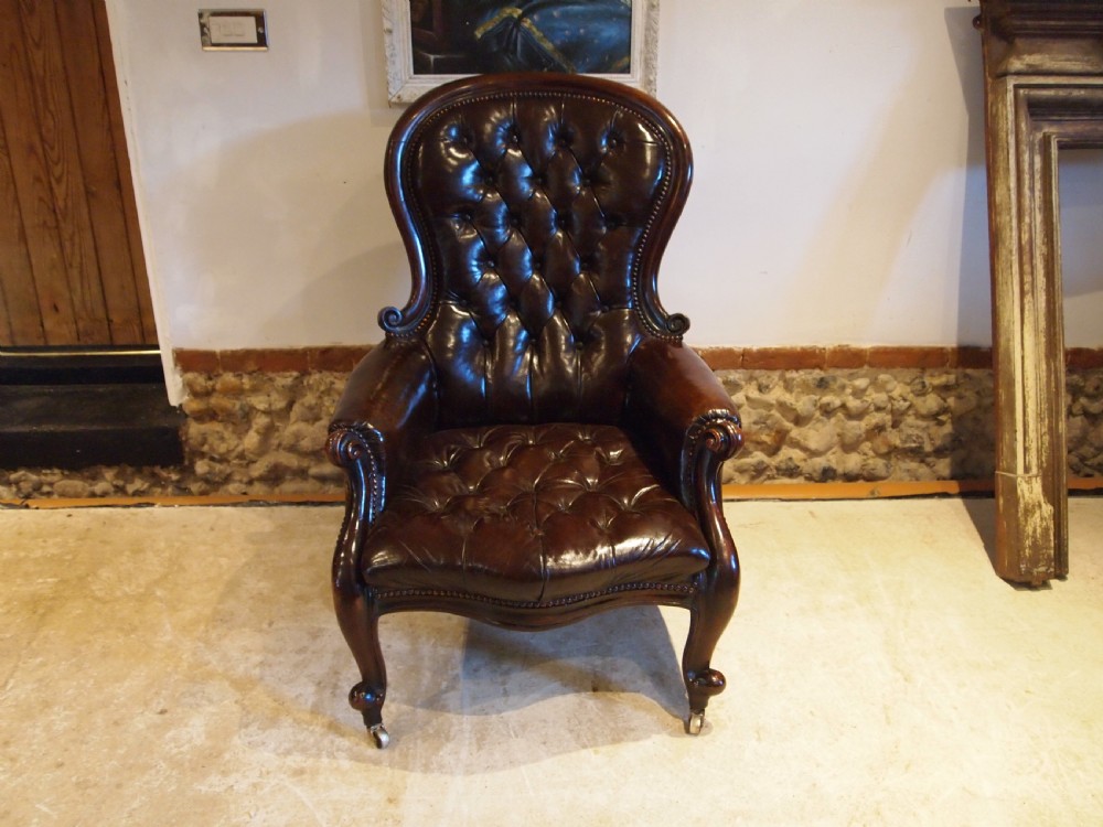 Chair Victorian Chestnut leather Mahogany buttoned armchair c1870 View V