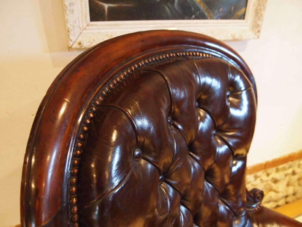 Chair Victorian Chestnut leather Mahogany buttoned armchair c1870 View VI