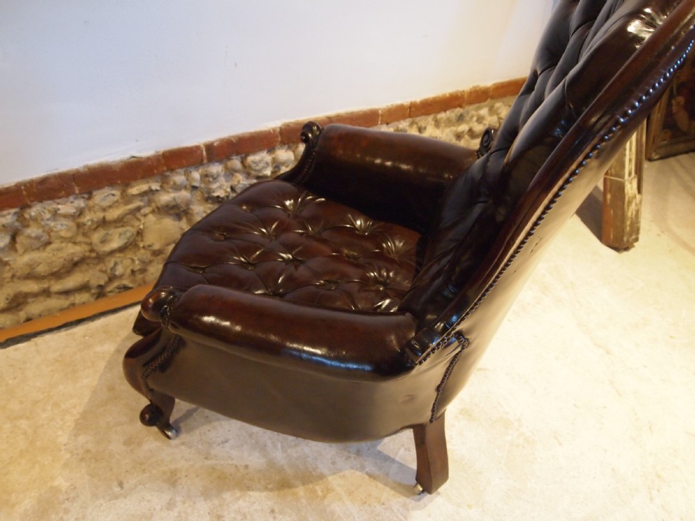 Chair Victorian Chestnut leather Mahogany buttoned armchair c1870 View VII