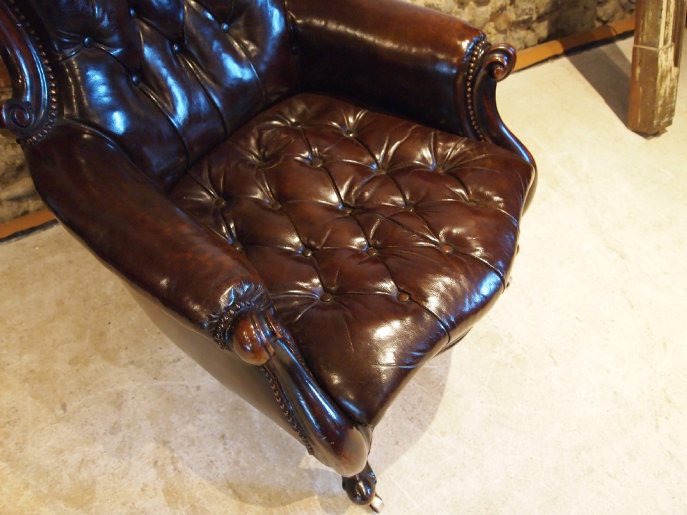 Chair Victorian Chestnut leather Mahogany buttoned armchair c1870 View VIII