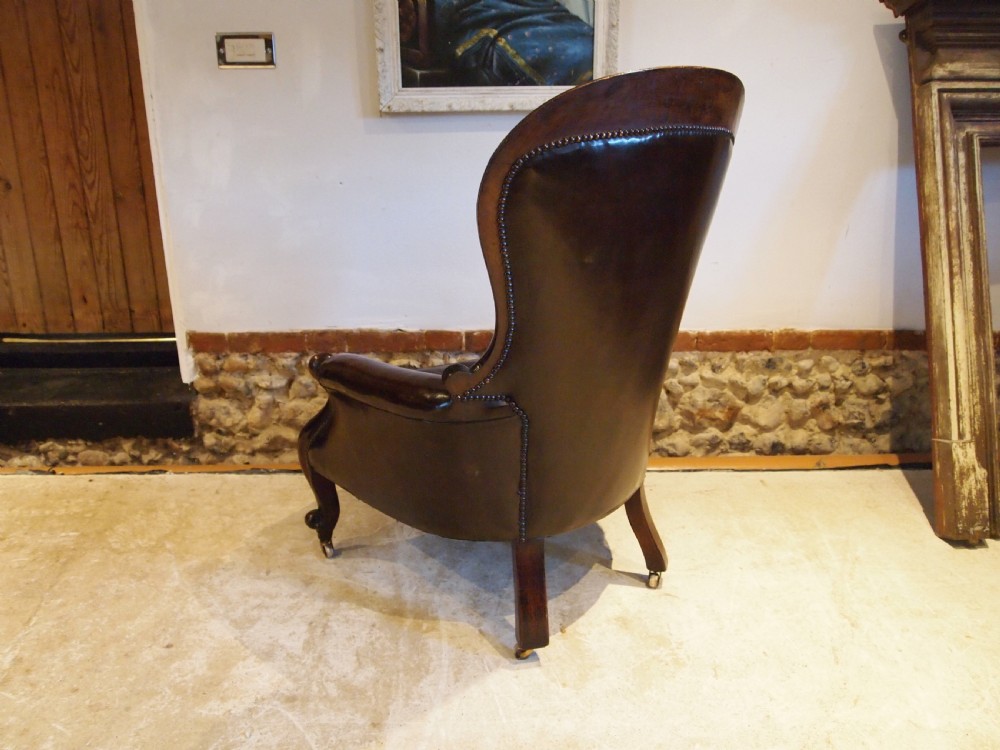 Chair Victorian Chestnut leather Mahogany buttoned armchair c1870 View X