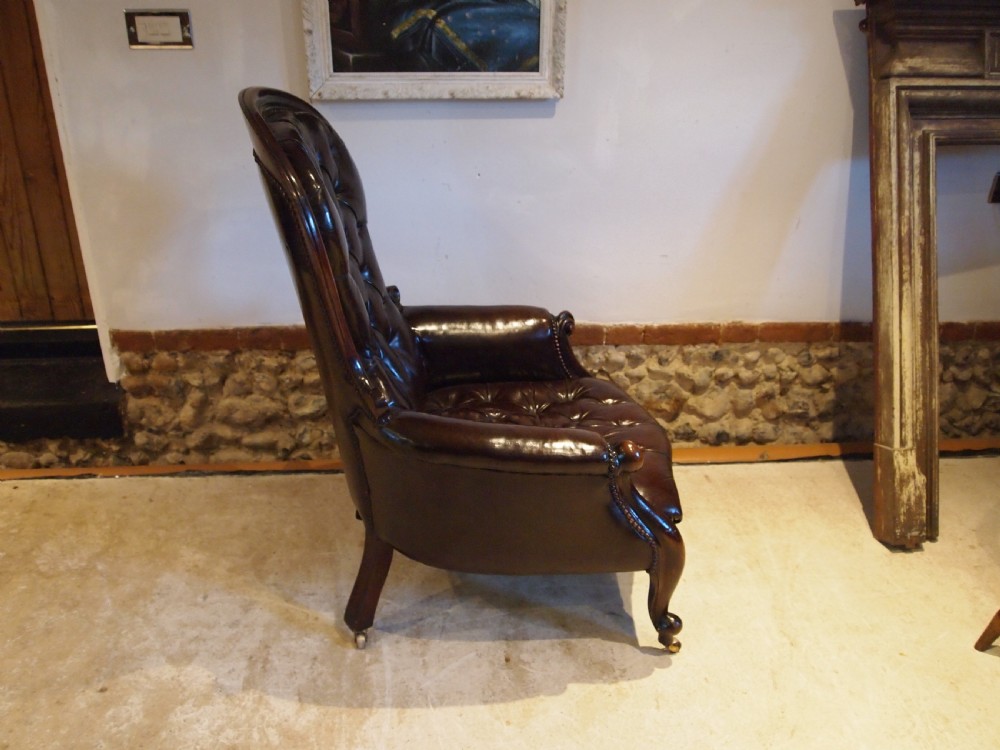 Chair Victorian Chestnut leather Mahogany buttoned armchair c1870 View XI