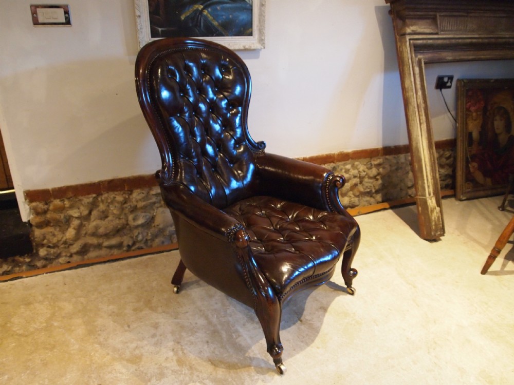 Chair Victorian Chestnut leather Mahogany buttoned armchair c1870 View XII
