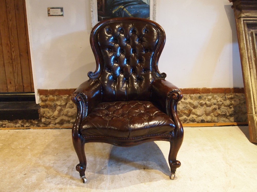 Chair Victorian Chestnut leather Mahogany buttoned armchair c1870 View XIII
