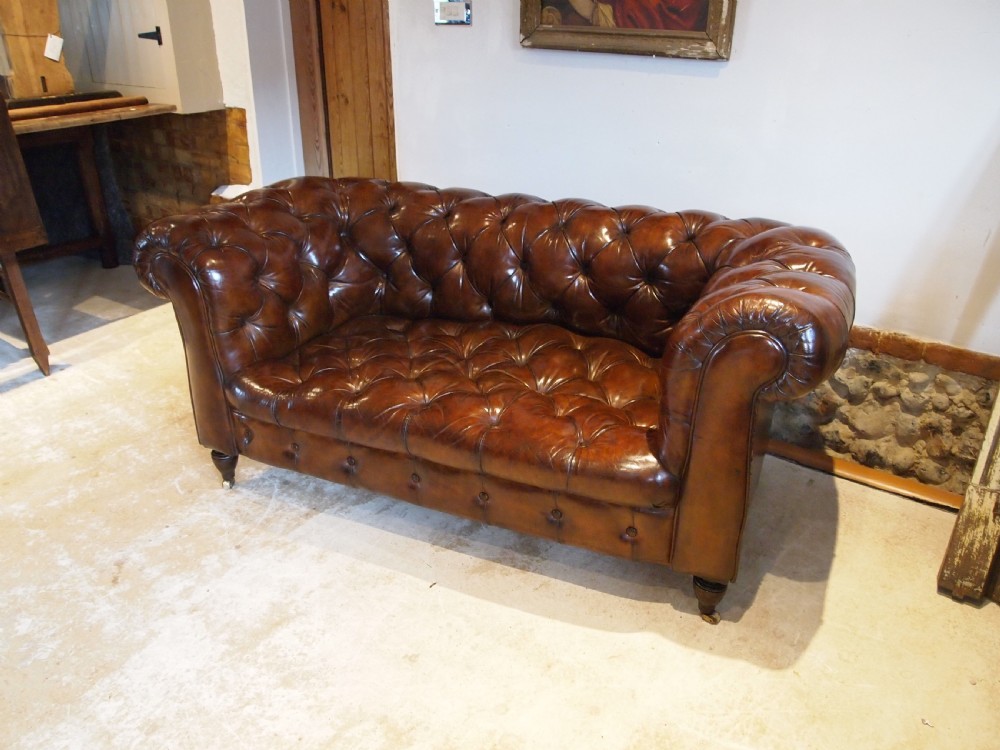 Sofa settee stunning Victorian Chesterfield Chestnut leather c1870 View IV