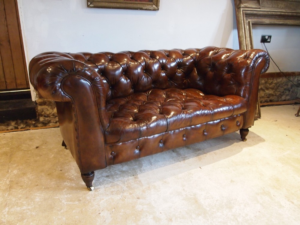 Sofa settee stunning Victorian Chesterfield Chestnut leather c1870 View IX