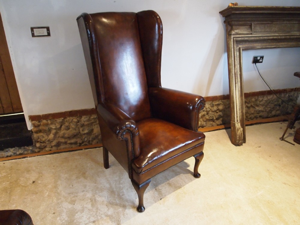 Chair very rare tall Queen Anne style Chestnut leather armchair c1840