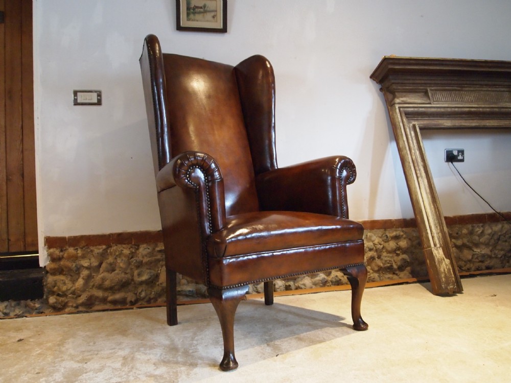 Chair very rare tall Queen Anne style Chestnut leather armchair c1840 View III