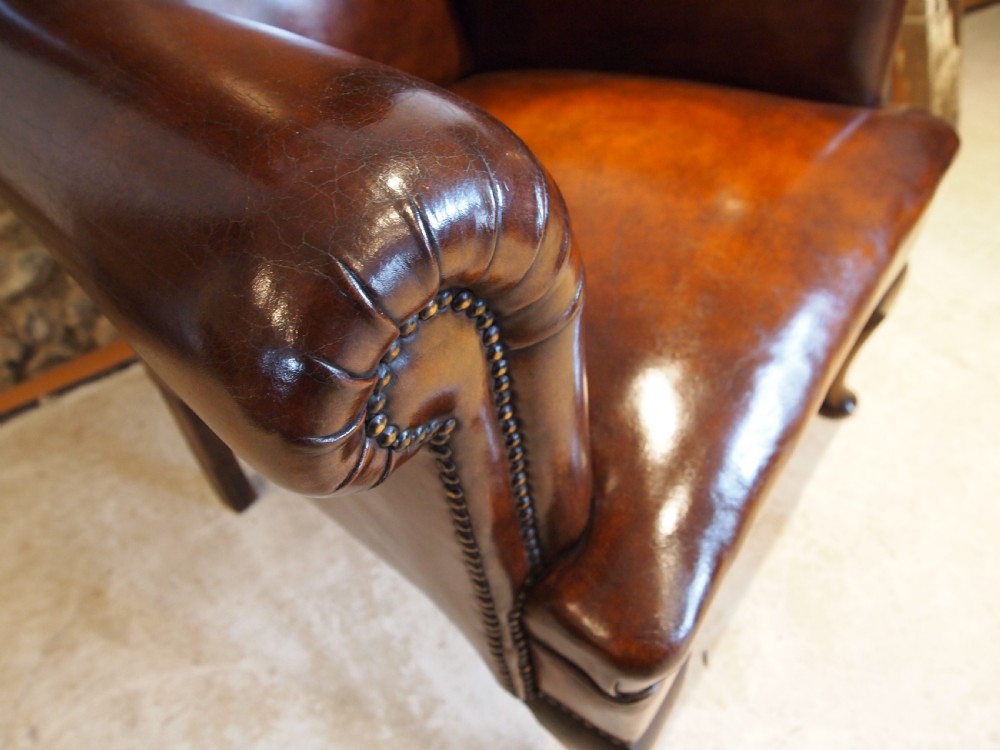 Chair very rare tall Queen Anne style Chestnut leather armchair c1840 View IV