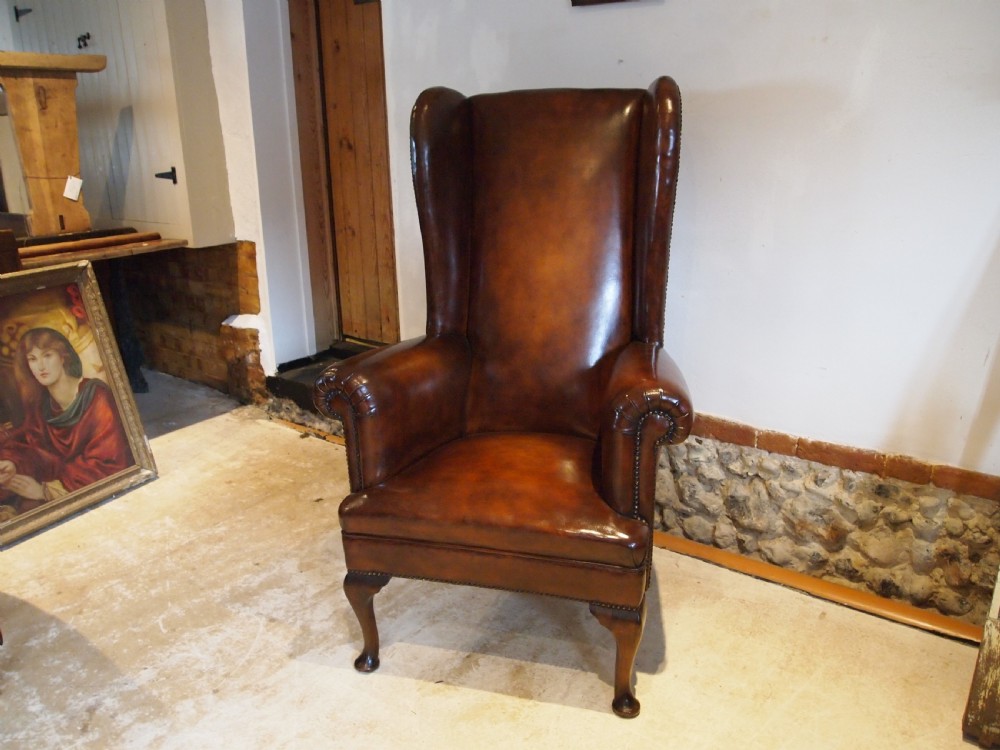 Chair very rare tall Queen Anne style Chestnut leather armchair c1840 View VI