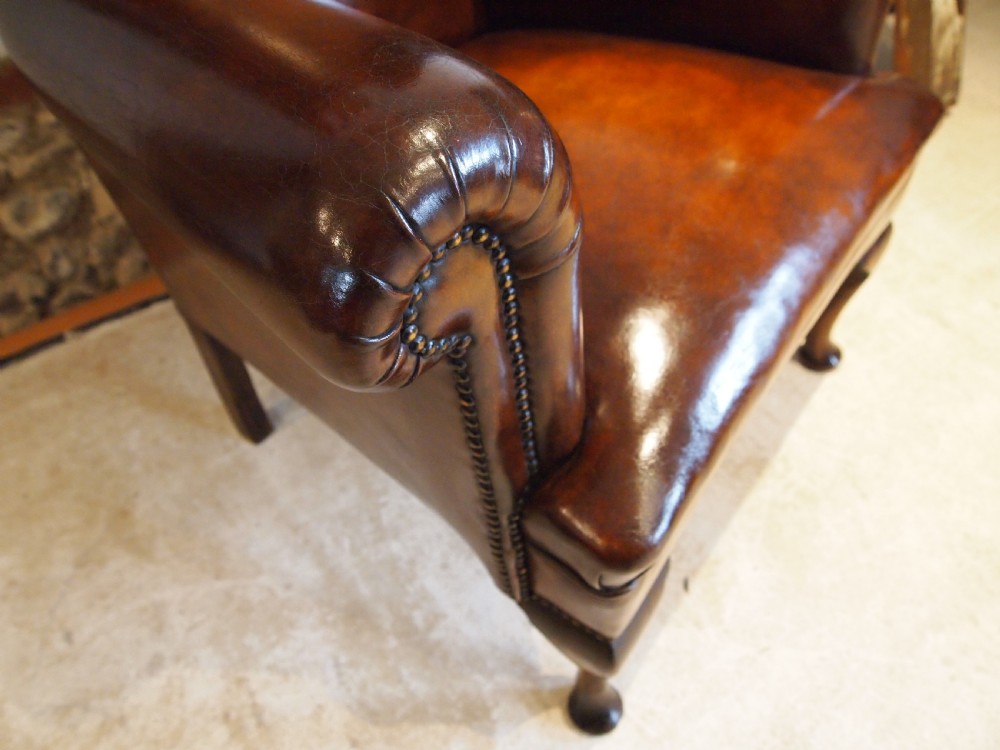 Chair very rare tall Queen Anne style Chestnut leather armchair c1840 View VII