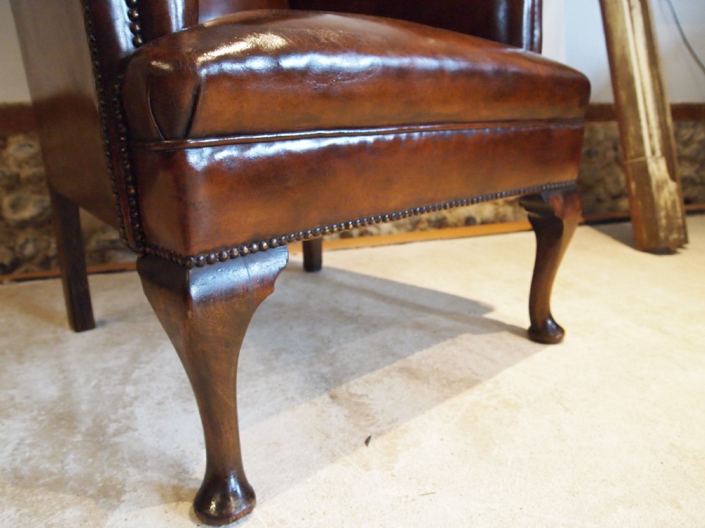 Chair very rare tall Queen Anne style Chestnut leather armchair c1840 View VIII