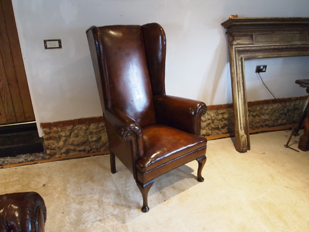 Chair very rare tall Queen Anne style Chestnut leather armchair c1840 View X