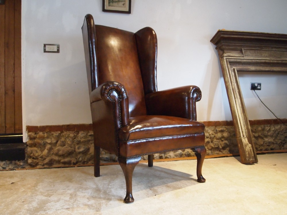 Chair very rare tall Queen Anne style Chestnut leather armchair c1840 View XI
