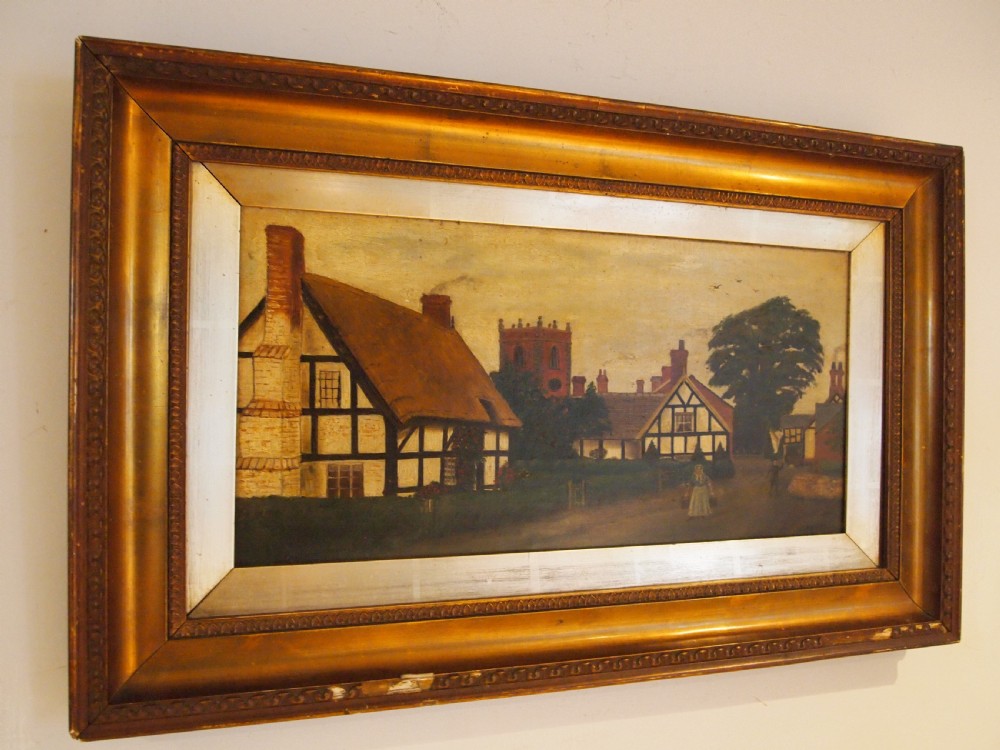 Oil painting naive Victorian Church Minshull by G E Egerton c1890