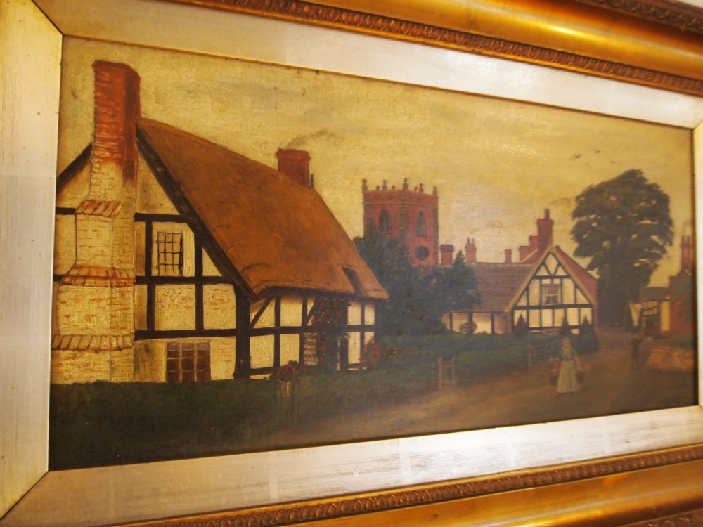 Oil painting naive Victorian Church Minshull by G E Egerton c1890 View IX